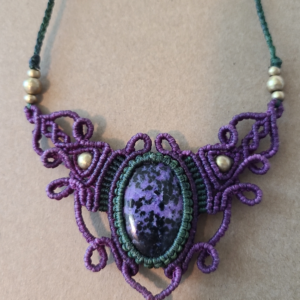 Purple and Green Necklace with Gold Beads